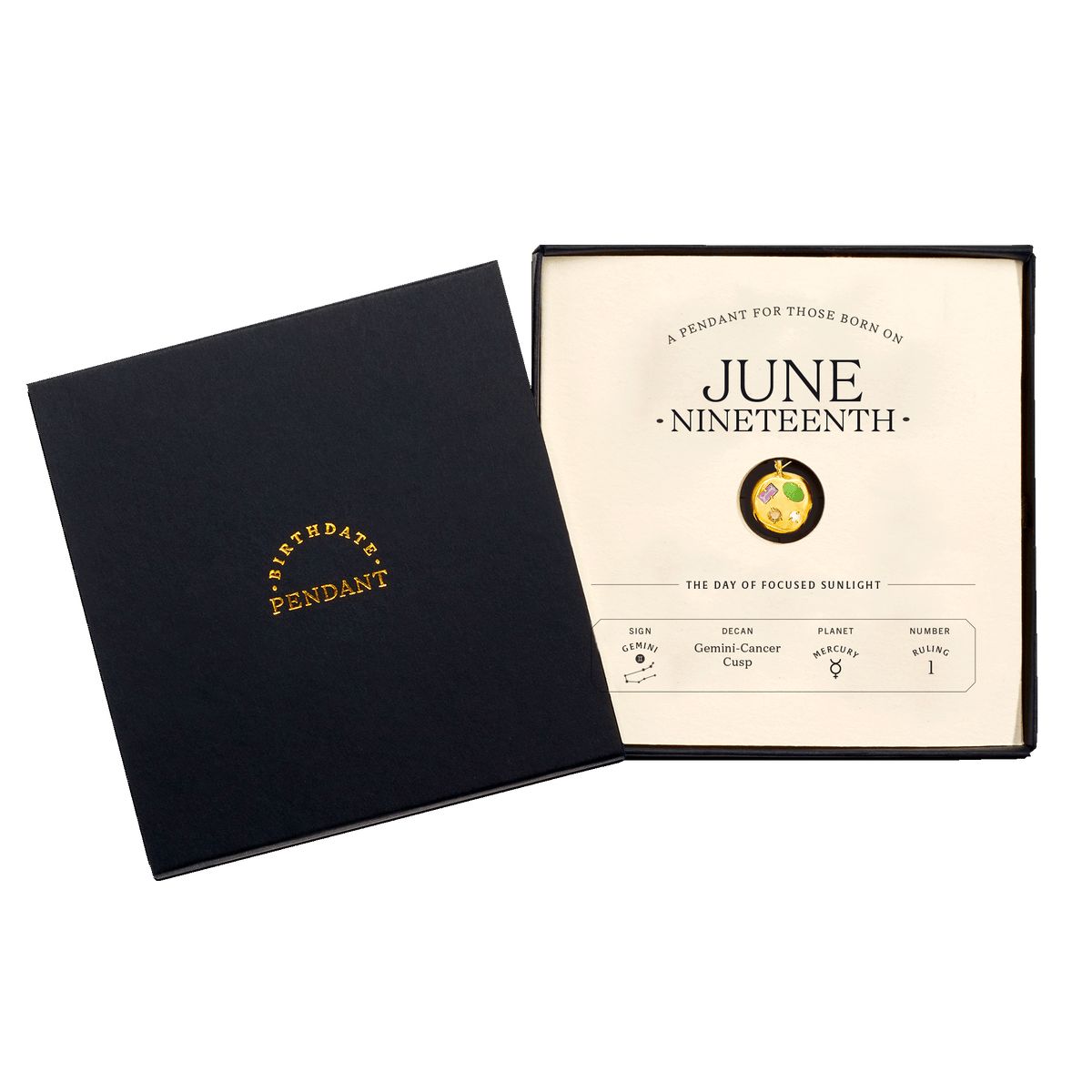 The June Nineteenth Pendant inside its box