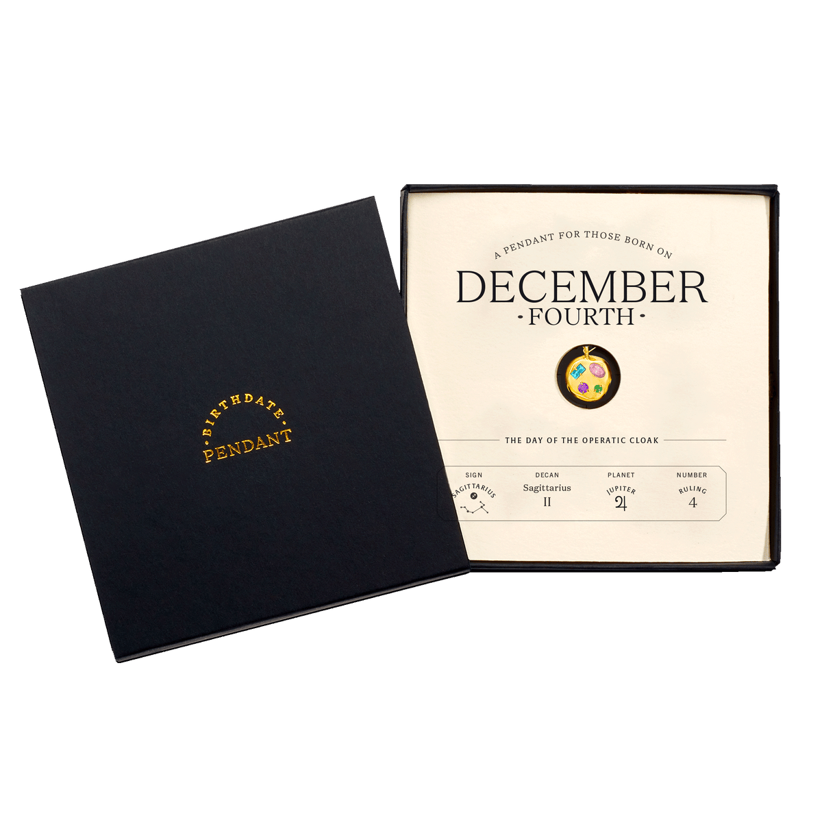 The December Fourth Pendant inside its box