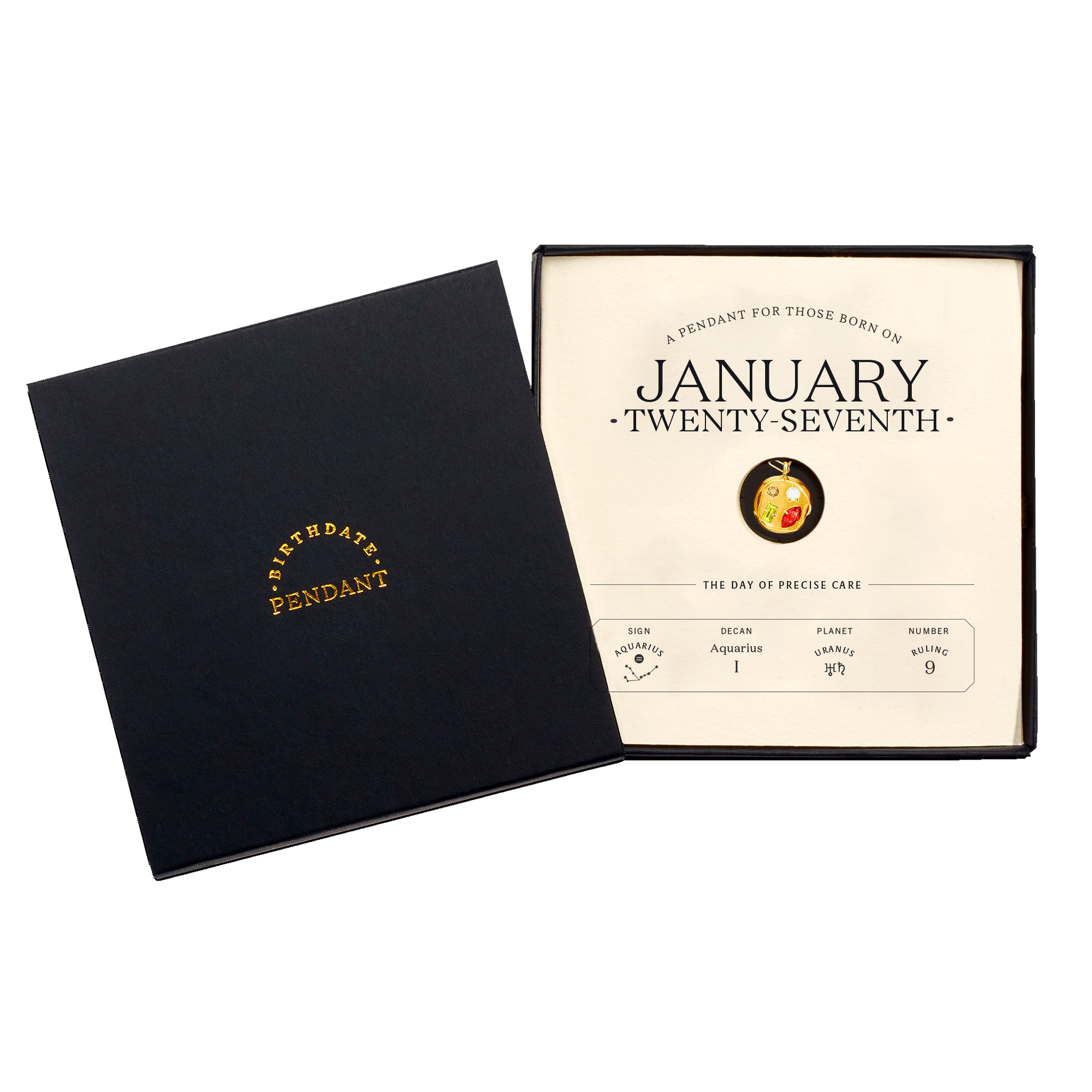 The January Twenty-Seventh Pendant inside its box