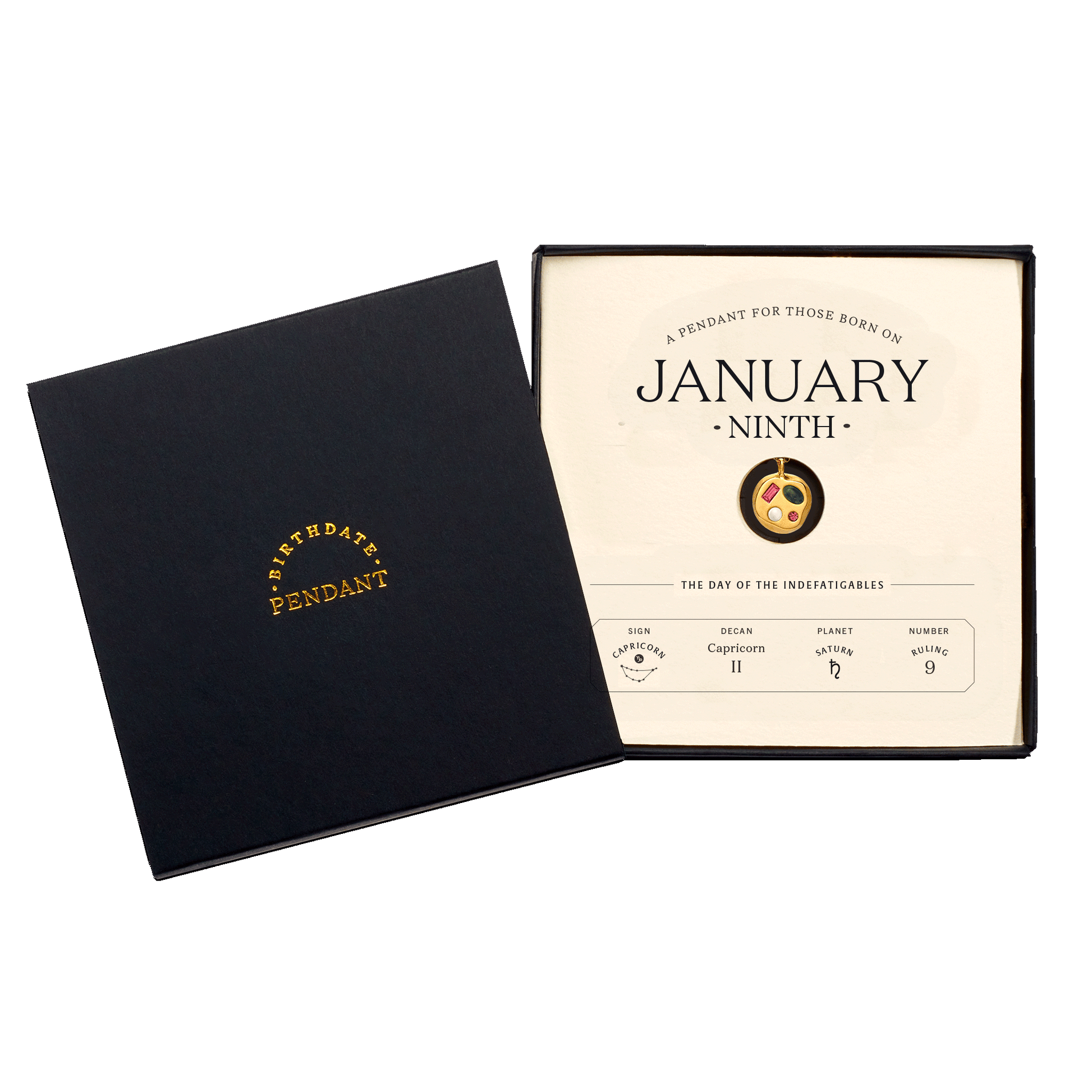 The January Ninth Pendant inside its box