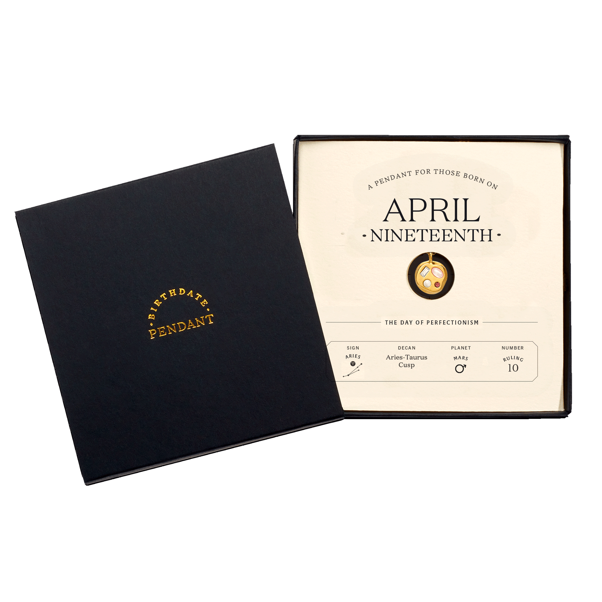 The April Nineteenth Pendant inside its box