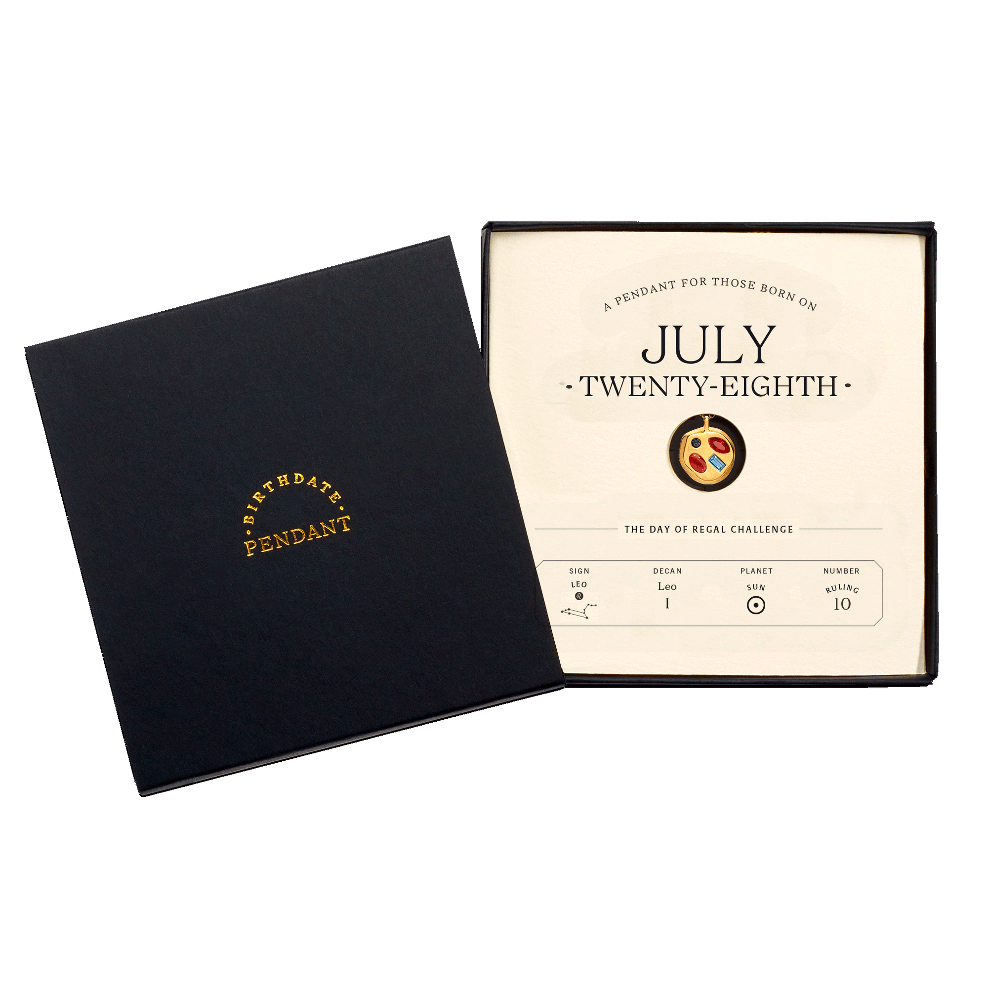 The July Twenty-Eighth Pendant inside its box